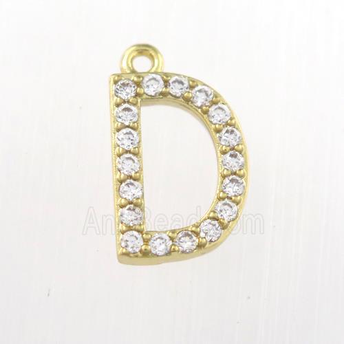 copper pendant paved zircon, letter D, gold plated
