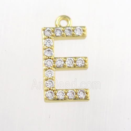 copper pendant paved zircon, letter E, gold plated
