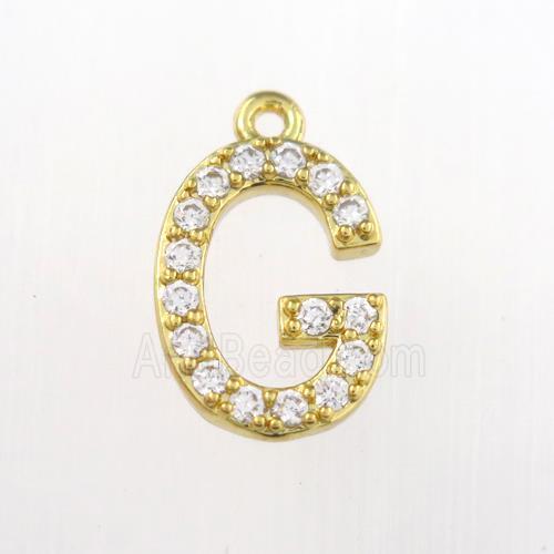 copper pendant paved zircon, letter G, gold plated