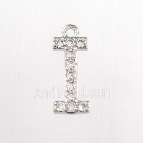 copper pendant paved zircon, letter I, platinum plated