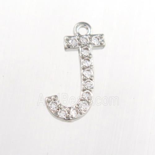 copper pendant paved zircon, letter J, platinum plated
