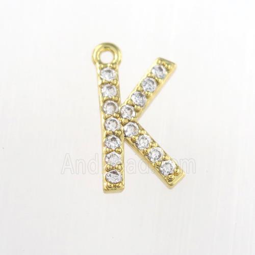 copper pendant paved zircon, letter K, gold plated