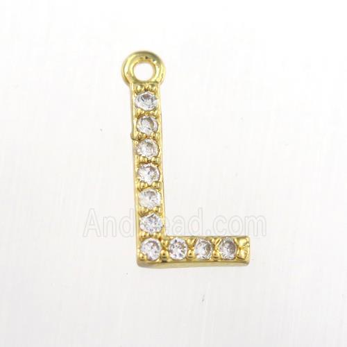 copper pendant paved zircon, letter L, gold plated