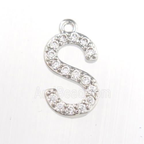 copper pendant paved zircon, letter S, platinum plated