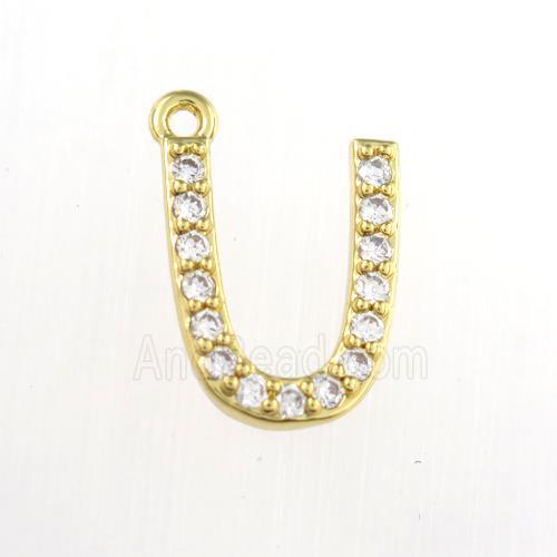copper pendant paved zircon, letter U, gold plated