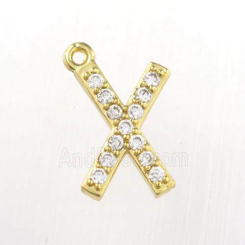 copper pendant paved zircon, letter X, gold plated
