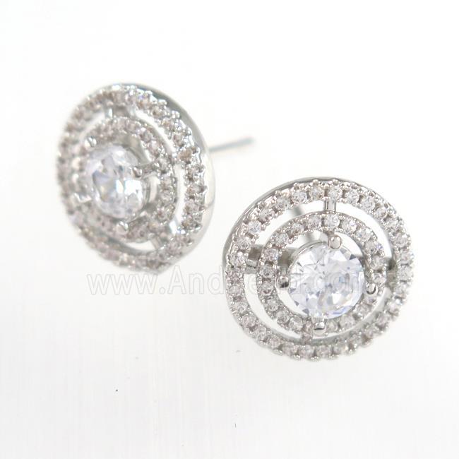 copper earring studs paved zircon, platinum plated
