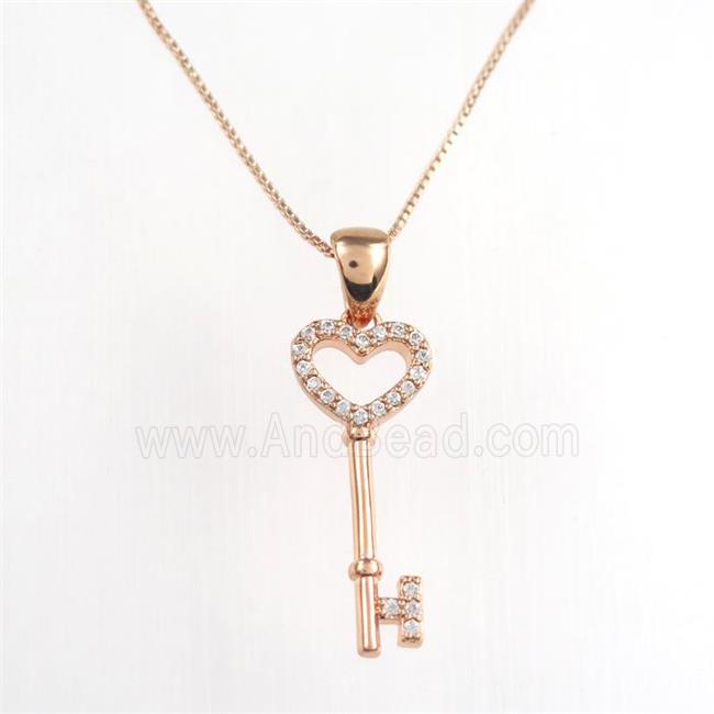 copper necklace paved zircon, key, rose gold