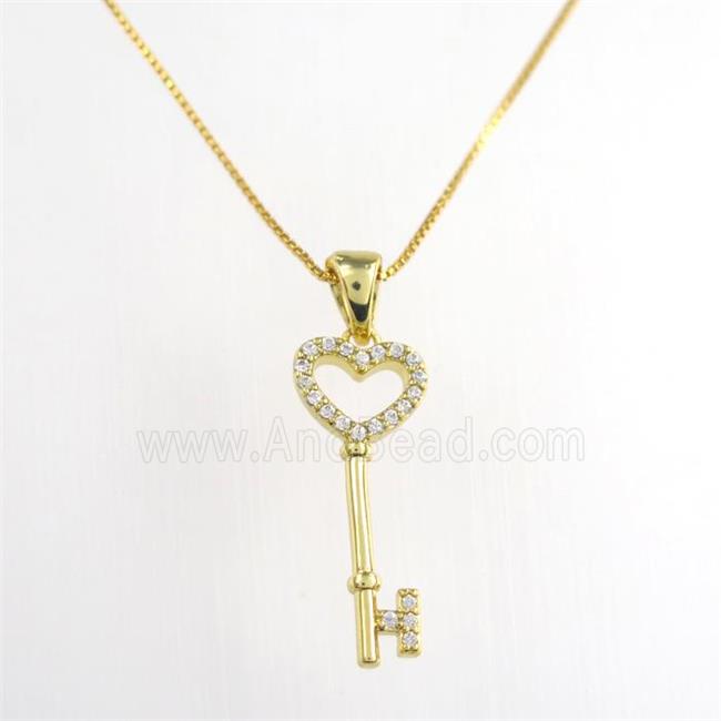 copper necklace paved zircon, key, gold plated