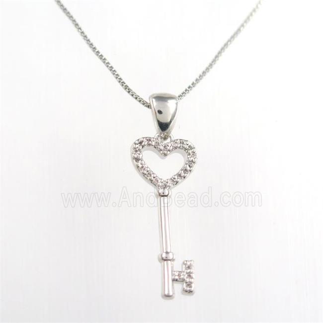 copper necklace paved zircon, key, platinum plated