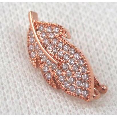 copper pendant paved zircon, leaf, rose gold