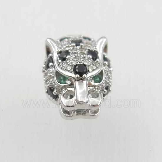 copper leopardhead beads paved zircon, platinum plated