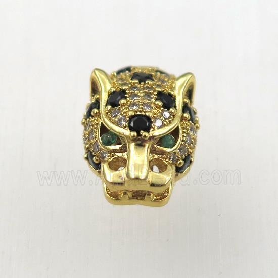 copper leopardhead beads paved zircon, gold plated