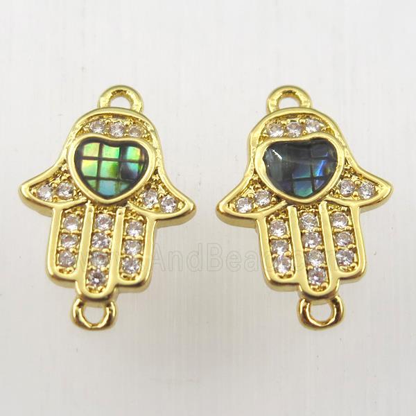 copper hamsahand connector paved zircon with abalone shell, gold plated
