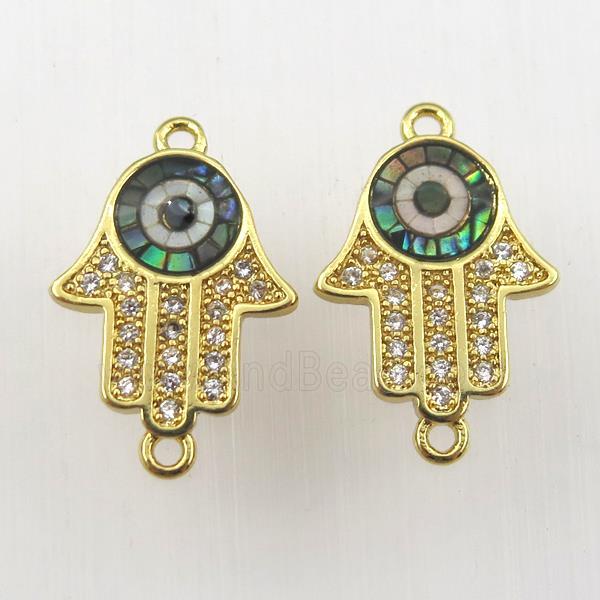 copper hamsahand connector paved zircon with abalone shell, gold plated
