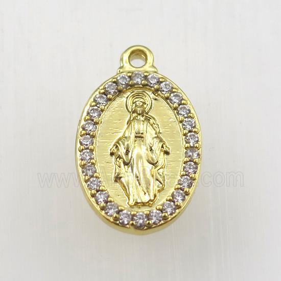 copper Jesus pendant paved zircon, oval, religious, gold plated