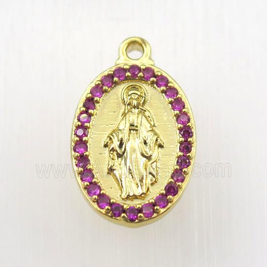 copper Jesus pendant paved zircon, oval, religious, gold plated