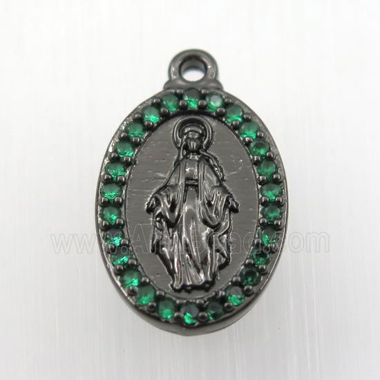 copper Jesus pendant paved zircon, oval, religious, black plated