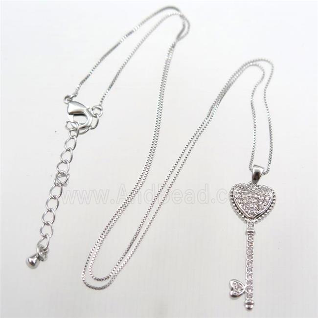copper necklace with key pave zircon, platinum plated