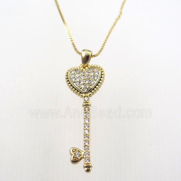 copper necklace with key pave zircon, gold plated