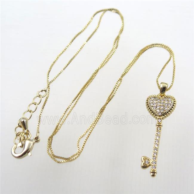 copper necklace with key pave zircon, gold plated