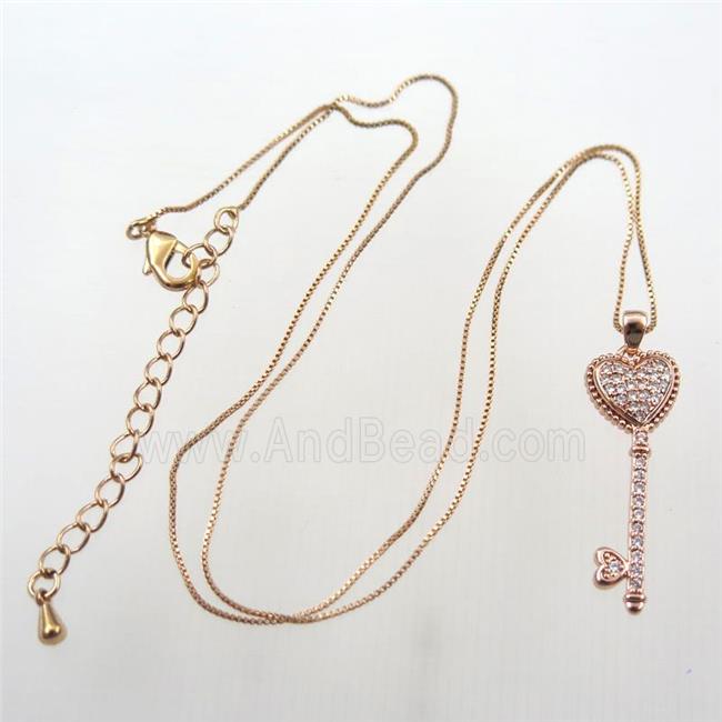copper necklace with key pave zircon, rose gold