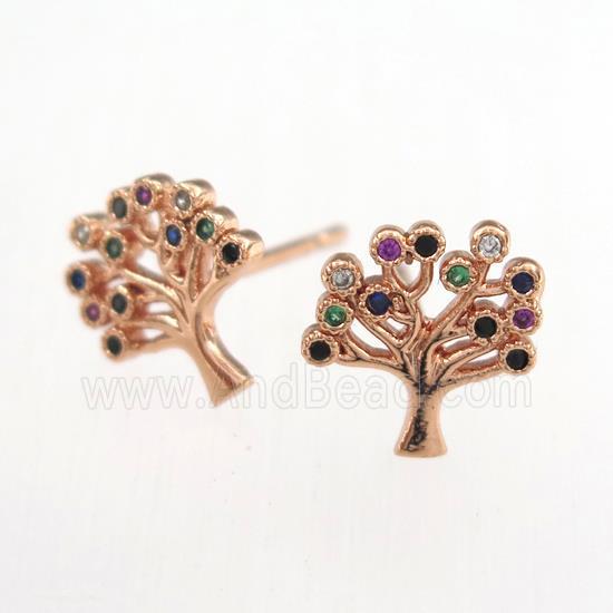copper earring studs paved zircon, tree of life, rose gold