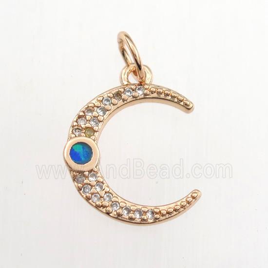 copper moon pendant paved zircon with fire opal, rose gold