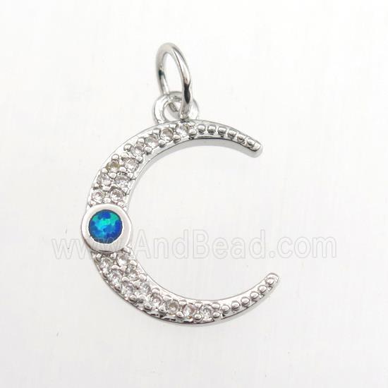 copper moon pendant paved zircon with fire opal, platinum plated