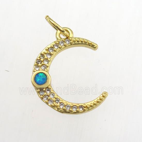 copper moon pendant paved zircon with fire opal, gold plated