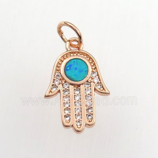 copper hamsahand pendant paved zircon with fire opal, rose gold