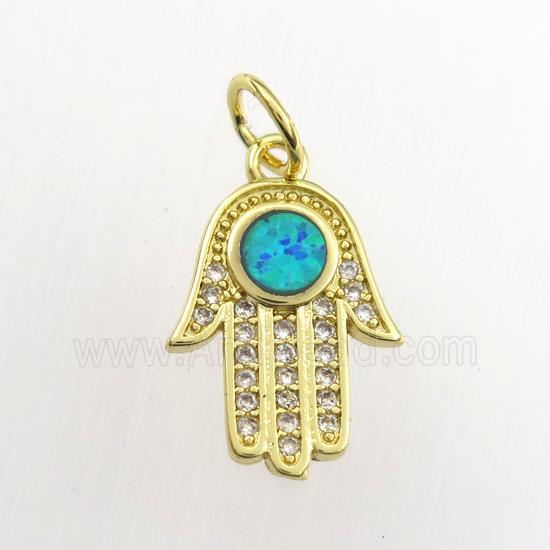 copper hamsahand pendant paved zircon with fire opal, gold plated