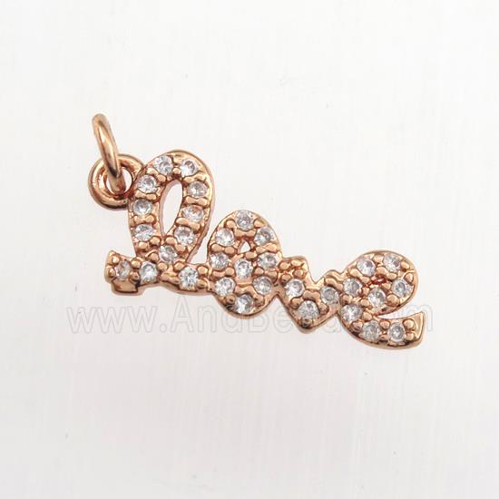 copper LOVE pendant paved zircon, rose gold