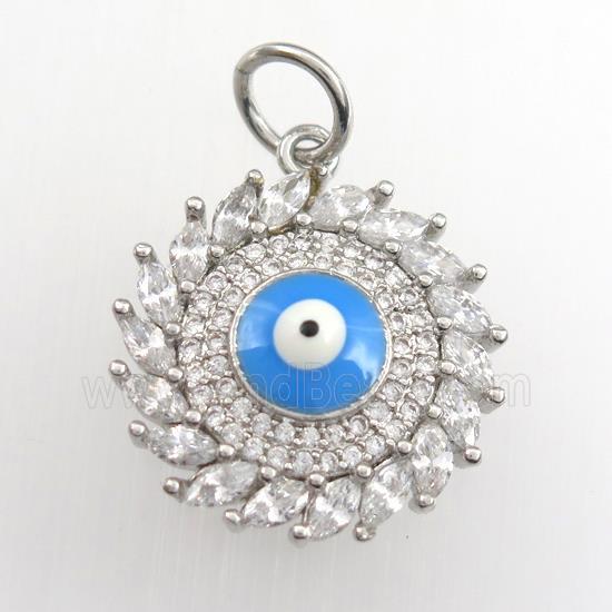 copper sun pendant paved zircon with evil eye, platinum plated