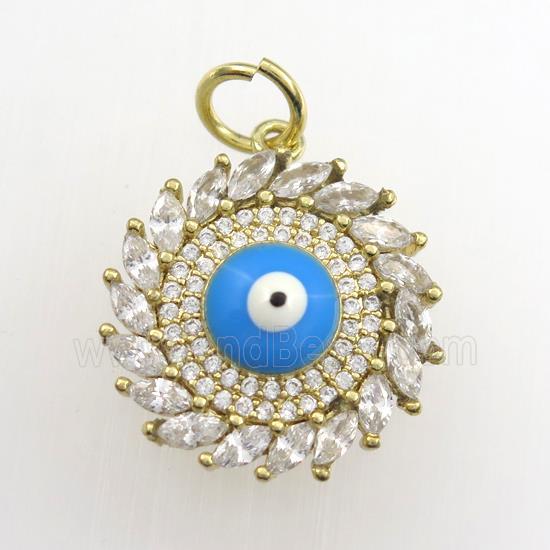 copper sun pendant paved zircon with evil eye, gold plated