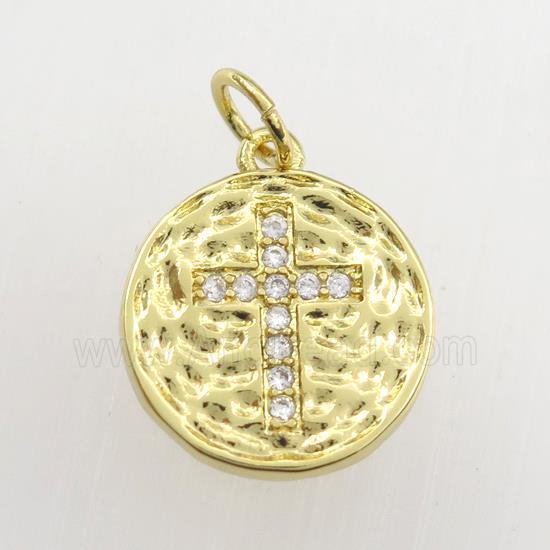 copper circle pendant paved zircon with cross, hammered, gold plated