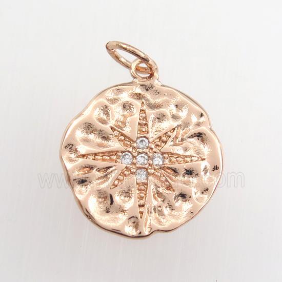 copper circle pendant paved zircon with northstar, hammered, rose gold