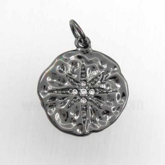 copper circle pendant paved zircon with northstar, hammered, black plated