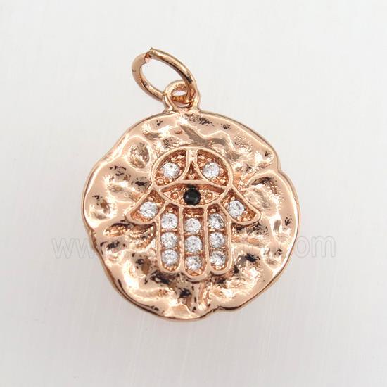 copper circle pendant paved zircon with hamsahand, hammered, rose gold