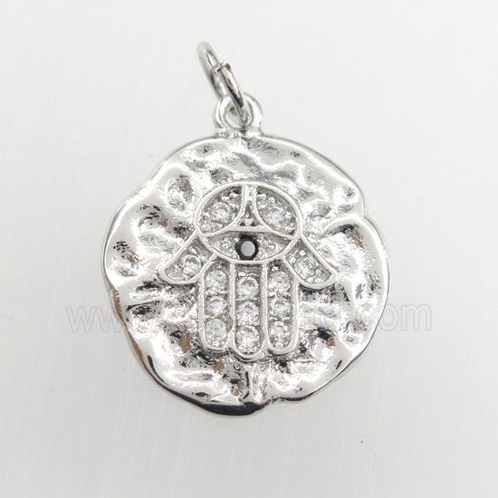 copper circle pendant paved zircon with hamsahand, hammered, platinum plated