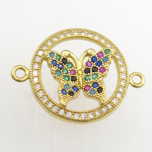 copper circle connector paved zircon with butterfly, gold plated
