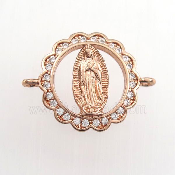 copper circle connector paved zircon with Jesus, religious, rose gold