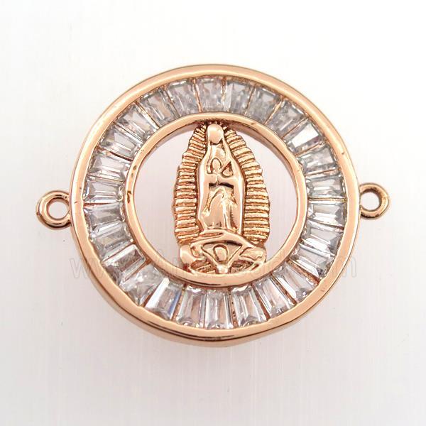copper circle connector paved zircon with Jesus, rose gold