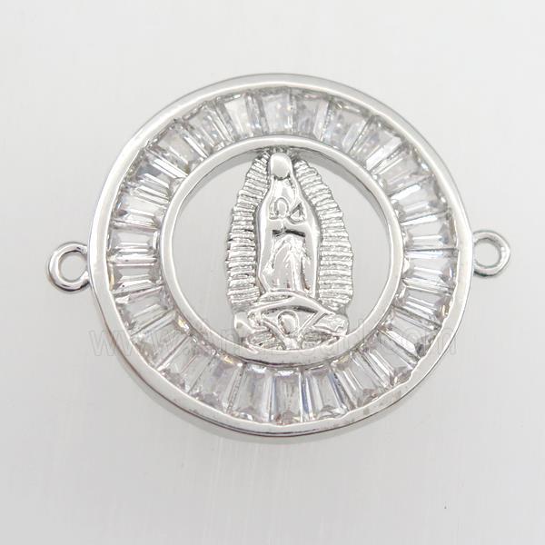 copper circle connector paved zircon with Jesus, religious, platinum plated
