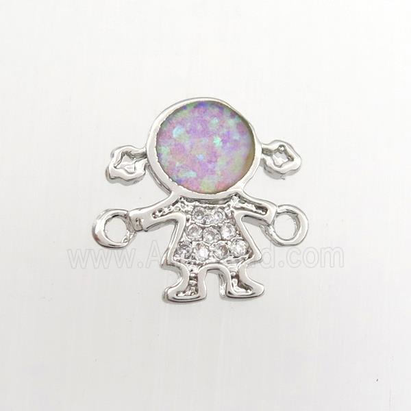 copper kids connector paved zircon with fire opal, platinum plated