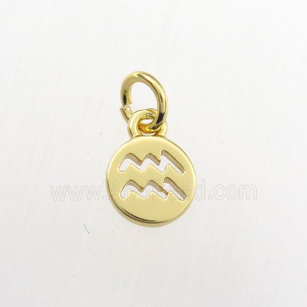 copper circle pendant, zodiac aquarius, gold plated