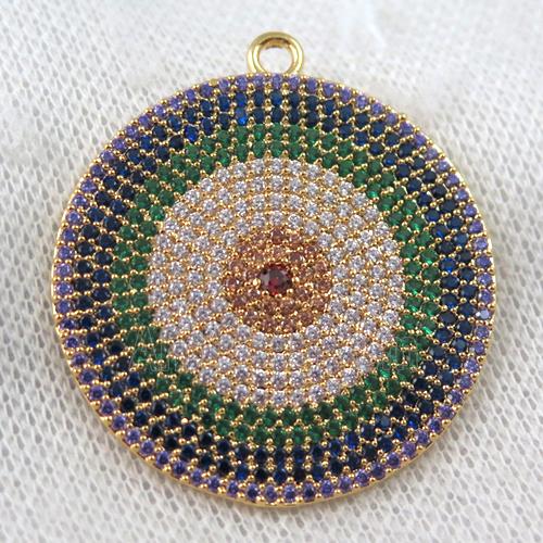 copper circle pendant paved zircon, sun, gold plated