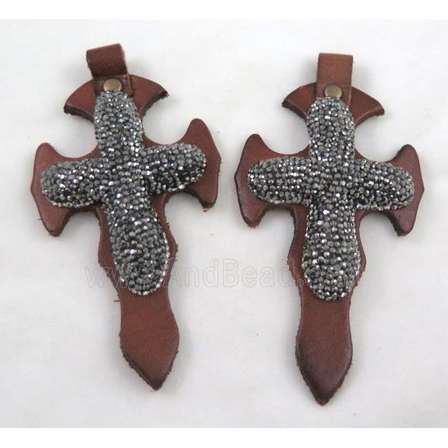 leather pendant paved rhinestone, cross