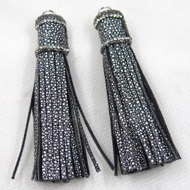 black PU leather tassel pave rhinestone
