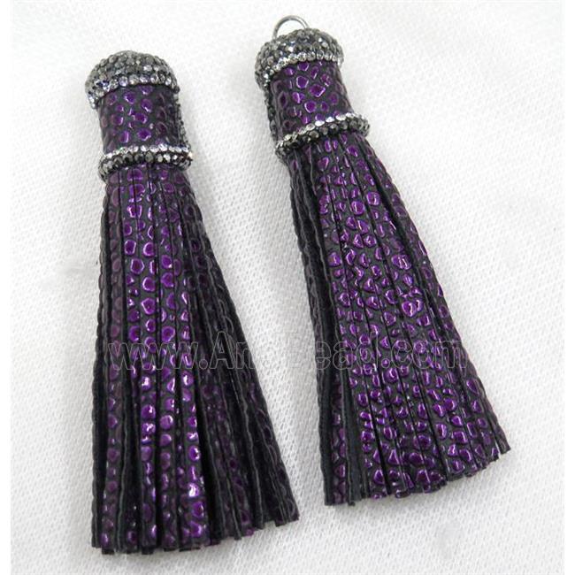 purple PU leather tassel pave rhinestone